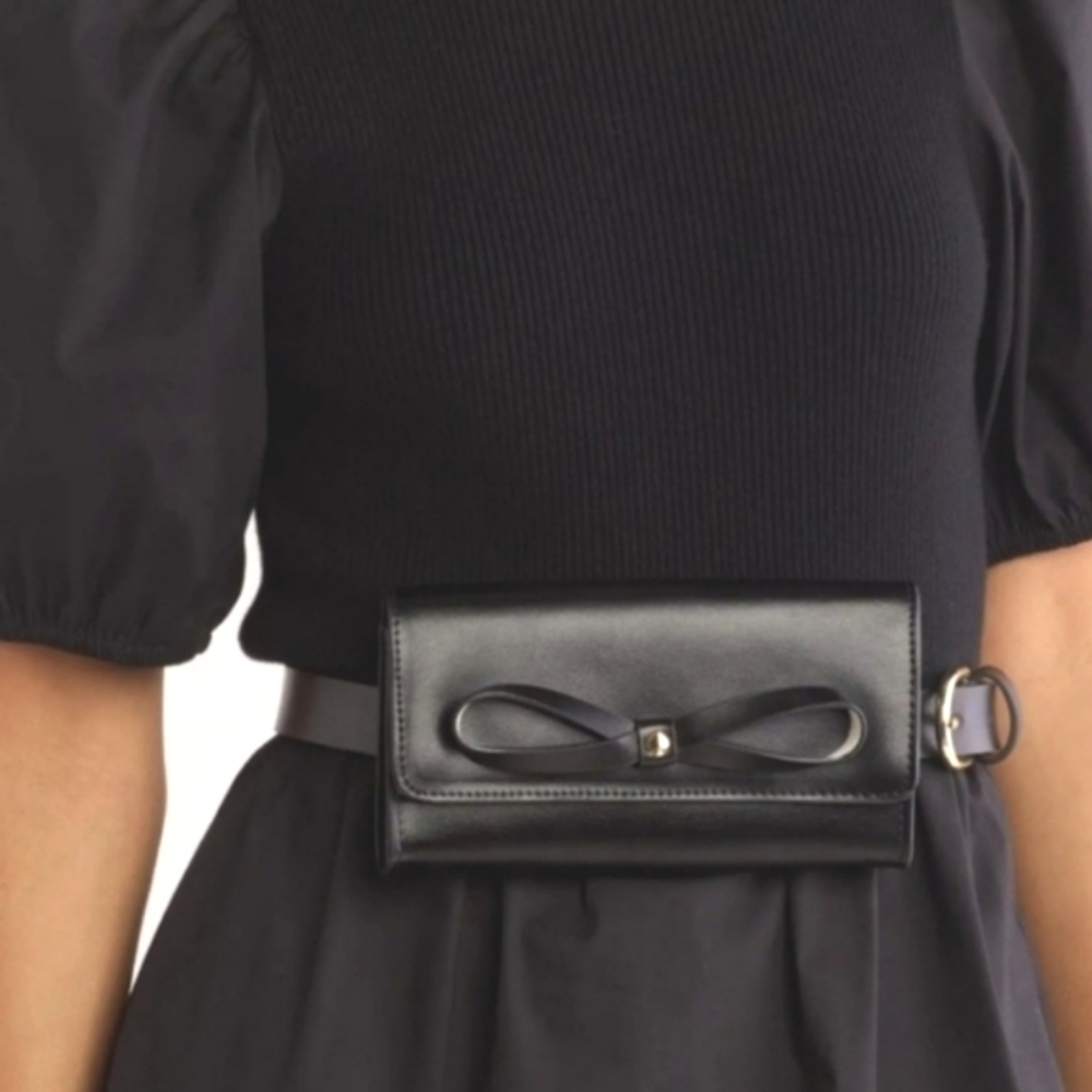 Kate Spade Adjustable Belt Bag Black Genuine Leather Bow Front Size S/M NEW